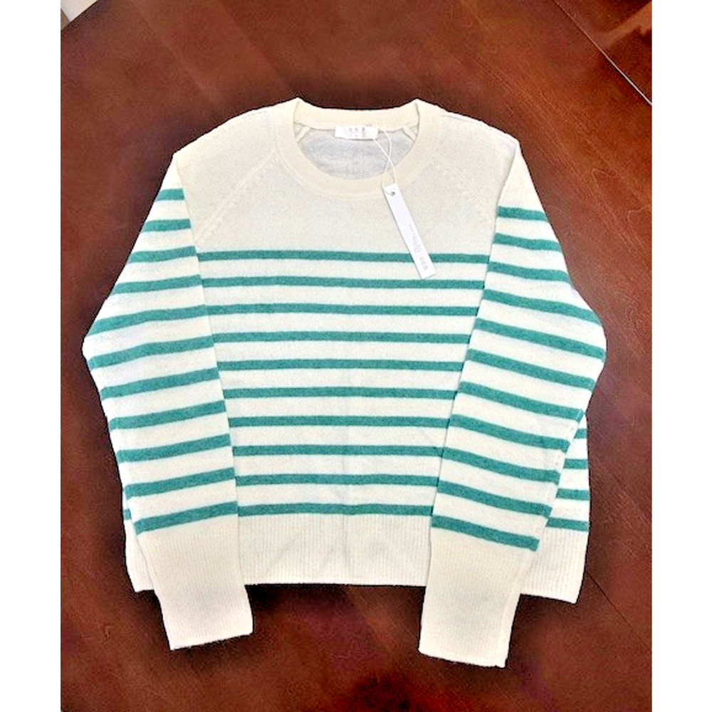 OGD One Grey Day Sloane Stripe CASHMERE Luxurious Sweater CREME GREEN SZ LARGE